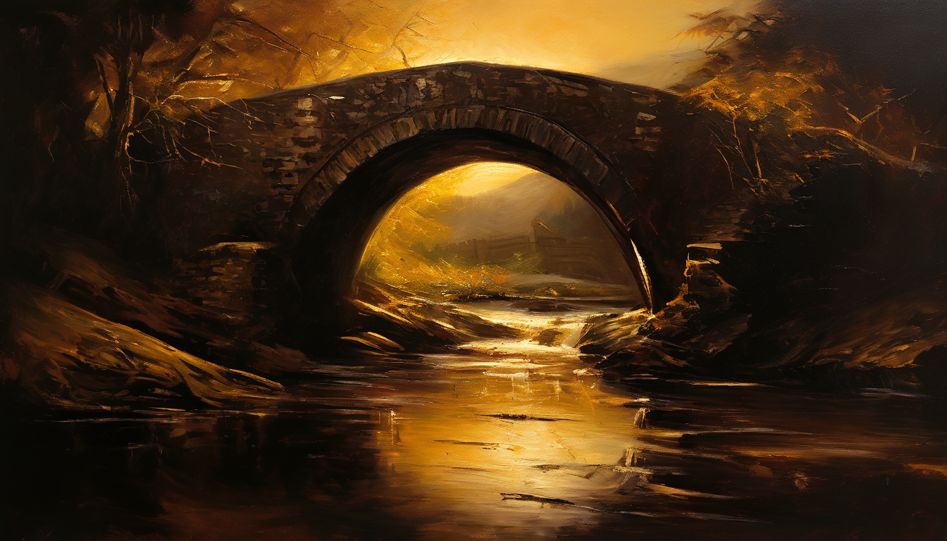 Pont de pierre en clair-obscur, lumière dorée — à la Rembrandt